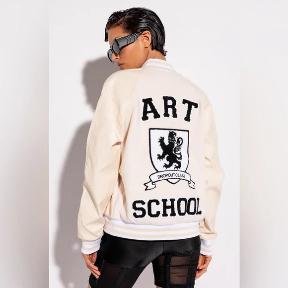 AKIRA Art School Varsity Jacket S Cream White Dropout Class Patches Indie Punk - Picture 2 of 14